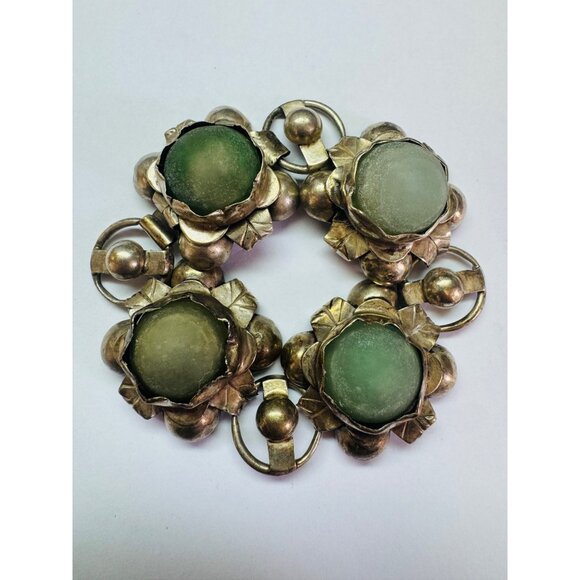 Designer Jewelry - Antique Sterling Silver 960 Green Gemstone Floral Link Bracelet 7" 62.2g Estate